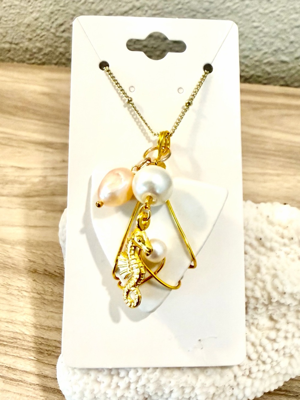 48. Gold Seahorse Pendant Necklace with White Sea glass and Pearl Accents